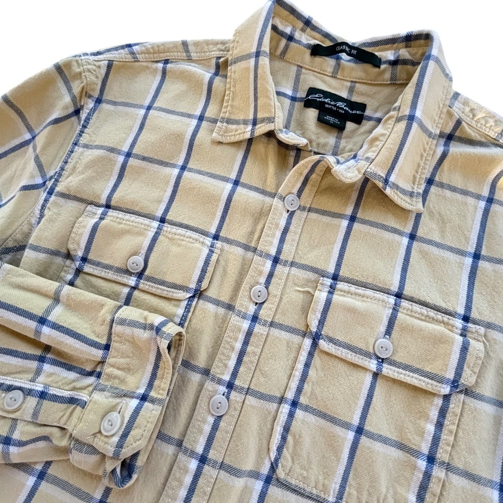 VTG Eddie Bauer Button Down Men L Tall Yellow Plaid Classic Fit Flannel Gorpcore